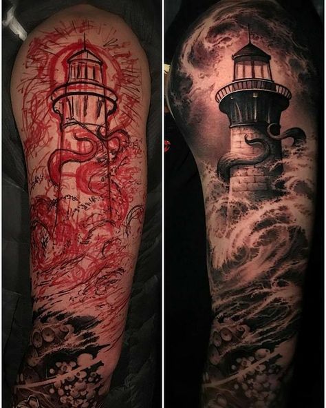 Ship Lighthouse Tattoo, Ship And Lighthouse Tattoo, Half Sleeve Tattoos For Women, Marine Tattoos, Ship Tattoo Sleeves, Pirate Skull Tattoos, Ocean Sleeve Tattoos, Nautical Tattoo Sleeve, Navy Tattoos