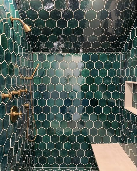 Deep Teal, Bluegrass Hexagon Mosaic Tile – Mercury Mosaics Teal Hexagon Tile, Green Mosaic Tiles Bathroom, Teal And Gold Bathroom, Mosaic Bathroom Ideas, Bathroom Mosaic Tile Ideas, Mosaic Tiles Bathroom, Ceramic Tiles Bathroom, Green Shower Tile, Hexagon Tile Bathroom