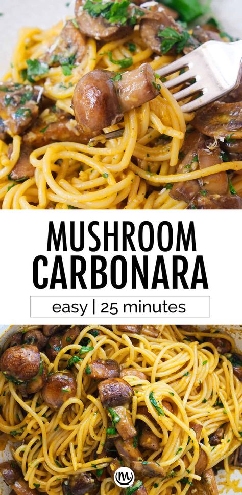 This vegetarian carbonara with mushrooms is rich, indulgent, and has beautiful depth of flavour. It's easy, meatless, ready in 25 minutes, but it tastes like restaurant comfort food. #pastarecipes #carbonarapasta #mushroomrecipes #vegetarianrecipes Carbonara Pasta With Mushrooms, Mushroom Carbonara Recipe, Quick Meatless Dinners, Mushroom Vegetarian Recipes, Cheap Vegetarian Recipes, Vegetarian Carbonara, Vegetarian Mushroom Recipes, Avocado Salads, Mushroom Carbonara