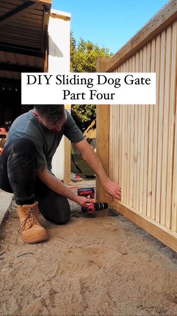 Luke Moore on Instagram: "DIY sliding dog gate | Part four" Porch Sliding Gate, Sliding Garden Gate, Sliding Dog Gate, Garage Gate For Dog, Sliding Fence Gate Diy, Sliding Indoor Dog Gate, Sliding Gate Ideas, Diy Sliding Gate Outdoor, Diy Gate Outdoor