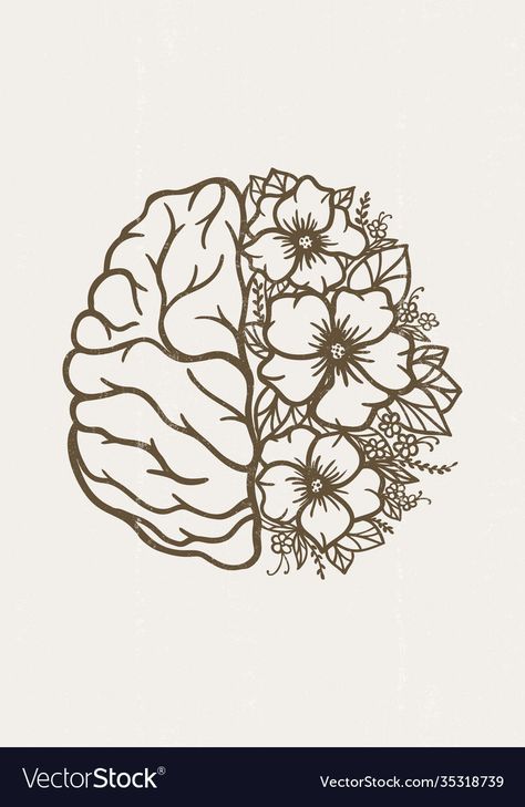 Neuro Embroidery, Brain Anerusym Tattoo, Beautiful Brain Tattoo, Half Brain Tattoo With Flowers, Brain Sketch Simple, Neurology Tattoo, Psychiatrist Drawing, Flower Brain Tattoos, Brain With Flowers Tattoo