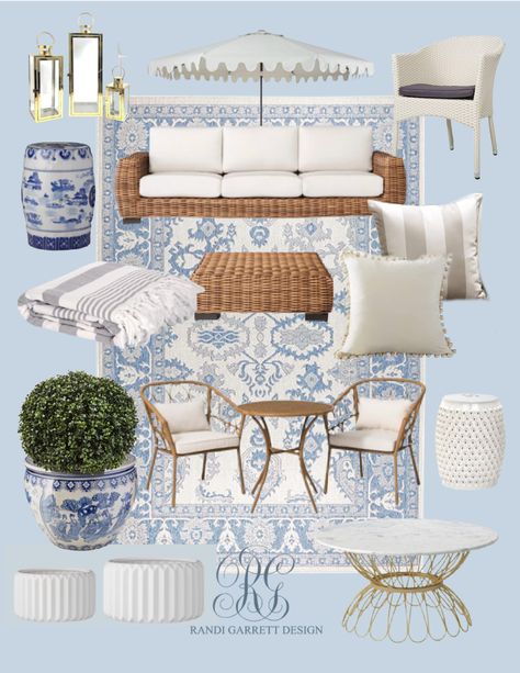 Outdoor Screen Patio Ideas, Light Blue Outdoor Furniture, Ballard Outdoor Furniture, Blue House Backyard, Blue And White Backyard Decor, Grandmillenial Outdoor Patio, How To Style A Patio Outdoor, Light Blue Patio Decor, Blue Backyard Decor Patio