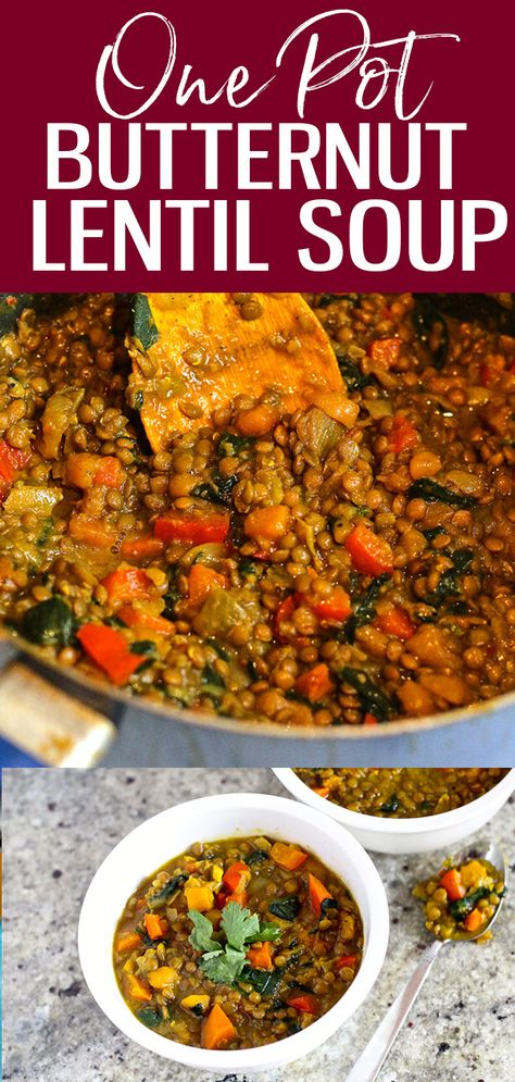 On a cold night, this Curried Butternut Squash and Lentil Soup hits the spot, especially if you are craving vegetarian comfort food with a kick! #butternutsquash #lentil #soup Squash And Lentil Stew, Lentils And Squash Recipe, Lentil And Squash Recipes, Lentil And Butternut Squash Recipes, Squash And Lentil Soup, Lentils And Squash, Lentil And Butternut Squash Soup, Butternut Squash And Lentils, Butternut Lentil Soup