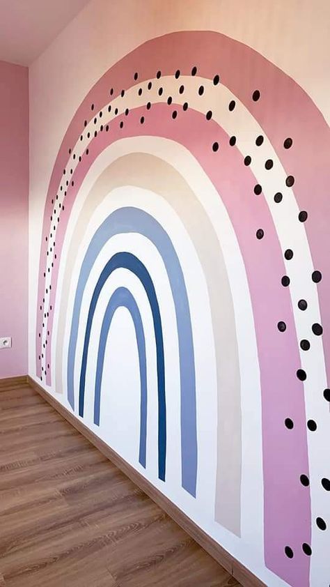 Rainbow Mural On Pink Wall, Pink Room With Rainbow, Simple Nursery Paint Ideas, Toddler Girl Bedroom Wall Ideas, Murals For Girls Bedroom, Girl Mural Bedroom Ideas, Rainbow Slat Wall, Girl Bedroom Walls Paint, Toddler Girl Room Paint Ideas