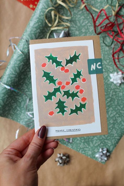 Kraft Christmas Card, Kraft Christmas Cards, Holly Christmas, Pastel Christmas, Hand Painted Christmas, Christmas Card Art, Hand Of Cards, Diy Christmas Cards, Craft Night