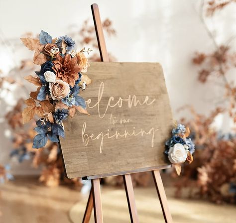 Navy Blue And Copper Wedding Centerpieces, Terracotta And Dusty Blue Wedding, Dusty Blue And Terracotta Wedding, Copper Wedding Centerpieces, Copper Wedding Flowers, Blue Orange Weddings, October Wedding Colors, Orange Wedding Themes, Sign Flowers