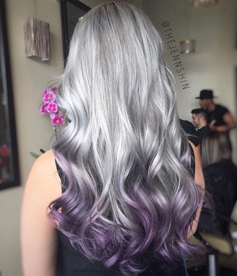 Grey And Purple Hair, Lavender Grey Hair, Silver Ombre Hair, Lavender Grey, Hair Color Options, Colourful Hair, Polished Hair, Lilac Hair, Hair Color Pastel