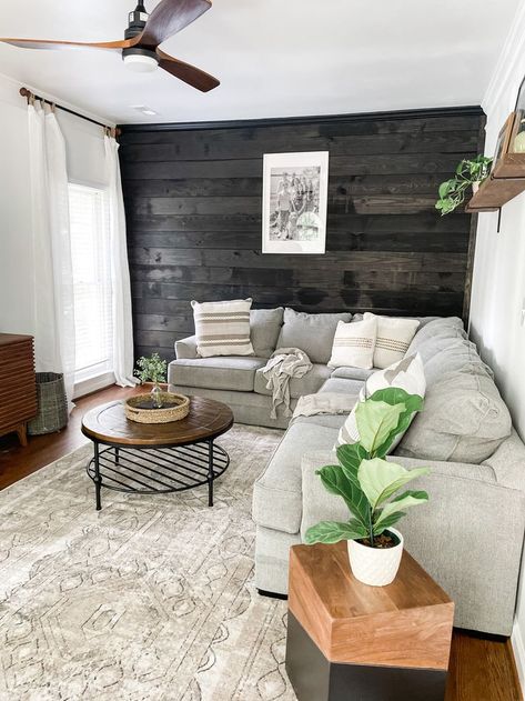 Pine Accent Wall Living Room, Modern Farm Living Room, Stained Accent Wall, Black Shiplap Accent Wall, Living Room With Shiplap, Dark Accent Wall Living Room, Farm Living Room, Black Accent Wall Living Room, Shiplap Room