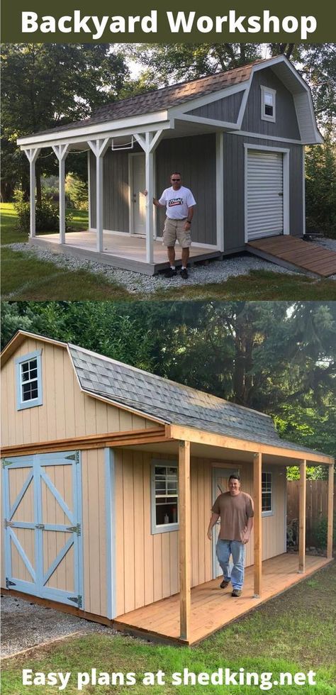 Small Barn Plans, Backyard Workshop, Workshop Building, Sheds Ideas Backyard, Roll Up Garage Door, Barn Style Shed, Shed With Loft, Shed With Porch, Backyard Barn