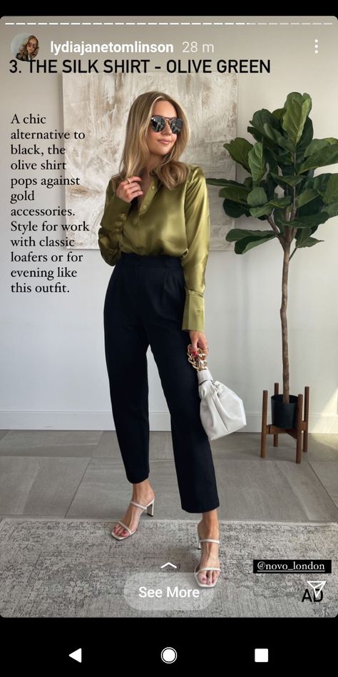 Olive Green Shirt Outfit, Silk Top Outfit, Silk Blouse Outfit, Silk Shirt Outfit, Office Wear Women Work Outfits, Stylish Business Outfits, Cute Outfits With Shorts, Chic Outfits Classy, Look Formal