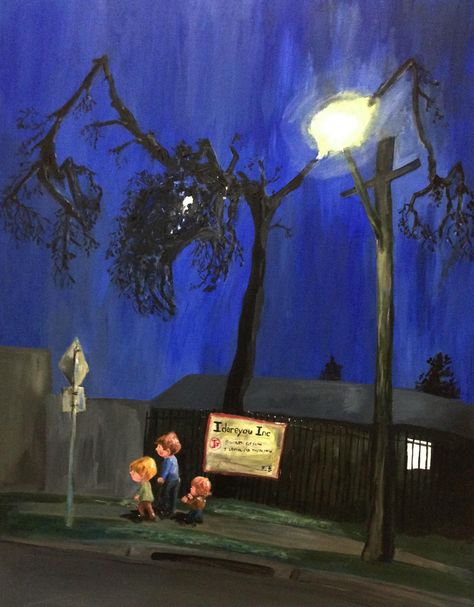 Walking at night.  Acrylic painting Illustration of three brothers taking a stroll under the light of the moon. Night Walk Illustration, Walk Illustration, Night Acrylic Painting, Walking At Night, Walking Man, Night Walk, Three Brothers, Under The Lights, Painting Illustration