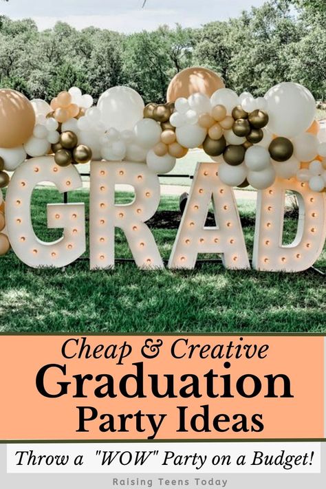 Throw a "WOW" Party on a budget with these easy, cheap and creative graduation party ideas! #graduation #graduationparty #graduationpartyideas #gradpartytips #graduationdecor #graduationfood #graduationpartytips Graduation Party Colors Schemes, Graduation Party Decor 2023, Senior Graduation Party Ideas 2023, Drop In Graduation Party Ideas, Cool Graduation Party Ideas, Graduation Banner Ideas High Schools, Winter College Graduation Party Ideas, Girls High School Graduation Party Ideas, Sophisticated Graduation Party Ideas