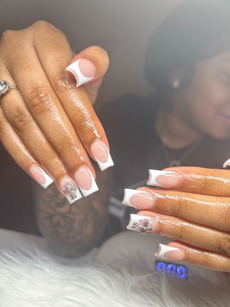 Short Acrylic Nails French Tip White, Medium Length Nails With Charms, Nail Ideas Acrylic Medium Length, French Tip With Cross Charm, Nail Ideas Acrylic French Tips, White Nails With Cross, White Nails With Designs Short, Back 2 School Nails, Senior Nails Ideas