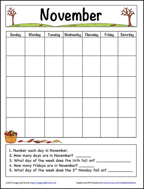 November Learning Calendar Template for Kids (Free Printable) - Buggy and Buddy Ingles Kids, Calendar Skills, Calendar Worksheets, Calendar For Kids, July Calendar, Blank Calendar Template, Calendar Time, Printable Calendar Template, Calendar Printable