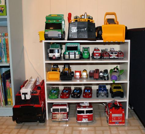 This might be a better truck storage option Playroom Area, Toy Box Plans, Toy Room Organization, Truck Organization, Toy Car Storage, Truck Storage, Boys Playroom, Toy Storage Organization, Playroom Organization