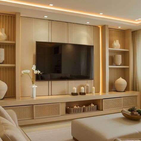 Wide Tv Unit, Tv Unit Aesthetic, High Ceiling Tv Wall, Classic Tv Wall Design, Trendy Curtains, Tv Wall Unit Designs, Tv Unit Designs, Contemporary Home Design, Wall Unit Designs