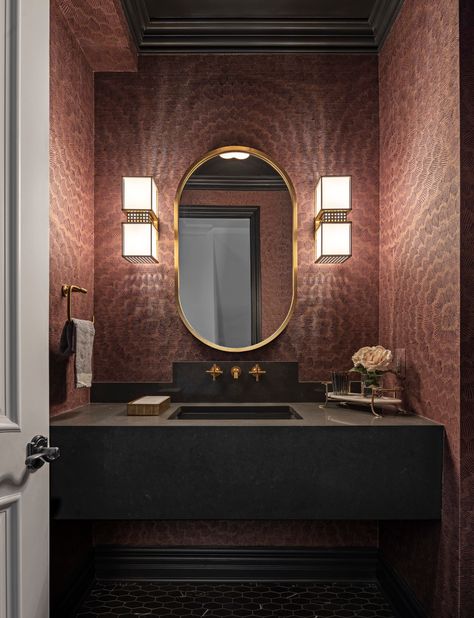 Northville Renovation : Leighanne LaMarre Interiors Powder Room With Wallpaper, Powder Bath Wallpaper, Room With Wallpaper, Paris Apartment Interiors, Moody Powder Room, Powder Room Wallpaper, New House Bathroom, With Wallpaper, Powder Room Design