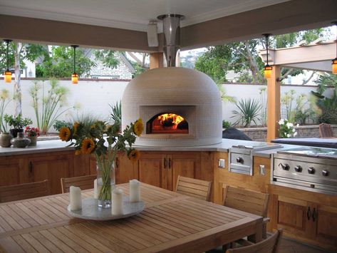 Outdoor Pizza Kitchen Ideas, Fireplace Pizza Oven Combo Indoor, Large Pizza Oven, Covered Outdoor Kitchen With Pizza Oven, Outdoor Pizza Oven On Deck, Tiled Outdoor Pizza Oven, Dome Pizza Oven Outdoor, Outside Wood Fired Oven, Backyard Wood Fired Pizza Oven