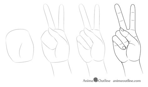 How to Draw Hand Poses Step by Step - AnimeOutline How To Draw The Peace Sign, How To Draw A Hand Doing A Peace Sign, How To Draw A Piece Sign Hand, Peace Sign Hand Reference, Anime Peace Sign, Hand Reference Holding, Peace Sign Drawing, Drawing Anime Hands, Easy Hand Drawings