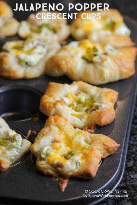 Jalapeno Popper Crescent Cups Crescent Cups, Crescent Recipes, Spend With Pennies, Jalapeno Popper, Crescent Roll Recipes, Appetizer Bites, Jalapeno Poppers, Game Day Food, Yummy Appetizers