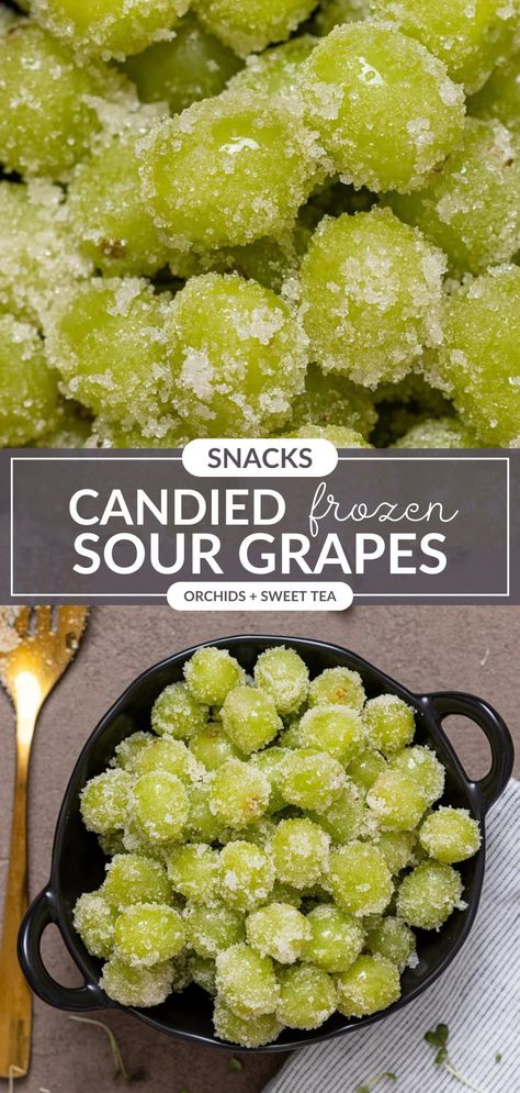 Brighten up your day with these Candied Frozen Sour Grapes! This super simple recipe offers a delicious mix of sweet + tart, making it a fun snack for all ages. Plus, they're perfect for meal prepping and cooling off during those sunny days! Completely Vegan. Different Sweetener Options. | how to make candied grapes | homemade candied grapes | easy candied grapes recipes | frozen candy grapes | frozen candied grapes | frozen grapes recipe | grapes snack ideas | grapes dessert recipes Grapes Dessert Recipes, Sour Candy Dessert, Sour Candy Grapes Recipe, Frozen Grape Recipes, Hot Grape Nuts Recipe, Candied Frozen Grapes, Sour Frozen Grapes Recipe, Sour Candied Grapes, Easy Munchies Snacks Simple