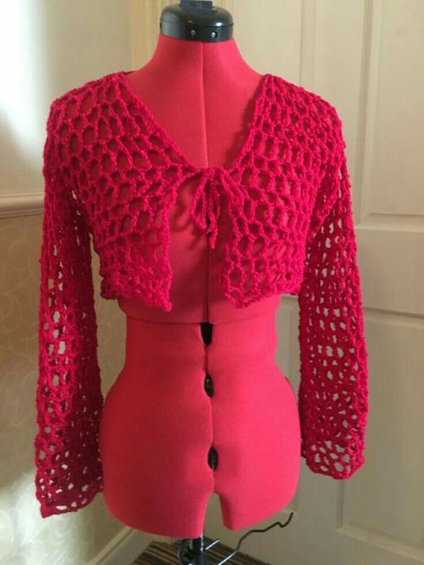 Y2k Crochet Mesh Cardigan, Crochet Mesh Tie Front Top, Crochet Red Cardigan, Red Crochet Cardigan, Crochet Tie Front Cardigan, Crochet Mesh Cardigan, Crochet Tie Front Top, Tie Front Top Pattern, Crochet Cropped Cardigan