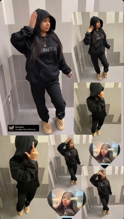 Essential Hoodie Outfits For Black Women, Prettylittlething Sweatpants Outfit, Essentials Hoodie Outfit Black Women, Cute Sweatpants Outfit Baddie, Essentials Hoodie Outfits For Women, Outfits With Black Sweats, Grey Sweatpants Outfit Black Women, Baddie Rainy Day Outfits, Black Essentials Hoodie Outfit