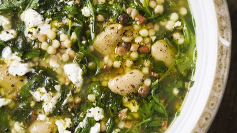 Handfuls of fresh herbs enliven Sardinia’s fregola-studded soup Sardinian Soup, Escarole Recipes, Milk Street Recipes, Italian Soups, Street Recipes, Herb Soup, Italian Menu, Milk Street, European Cuisine