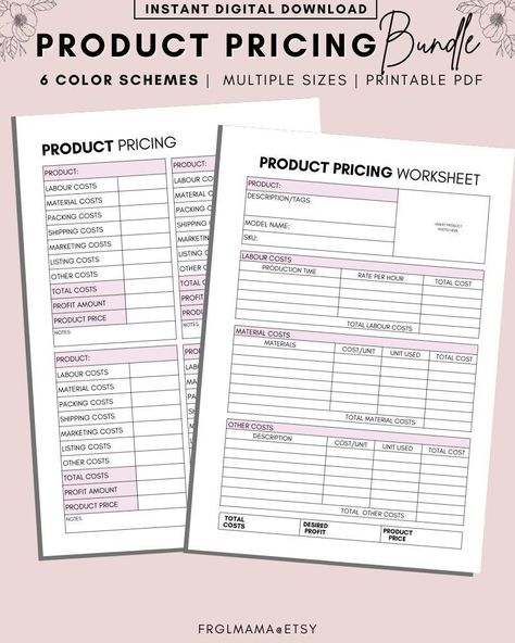 Product Pricing Printable Bundle, Item Pricing, Product Price Calculator, Business Costs, Small Business, Planner Insert, A4, A5, Letter digitalplannergirl #teacherplannerprintable #pocketplanner #bookplanner. Product Price Worksheet, Product Costing Template, Product Pricing Worksheet, Business Planner Printables, Cost Sheet, Price Calculator, Pricing Templates, Small Business Planner, Planner Set