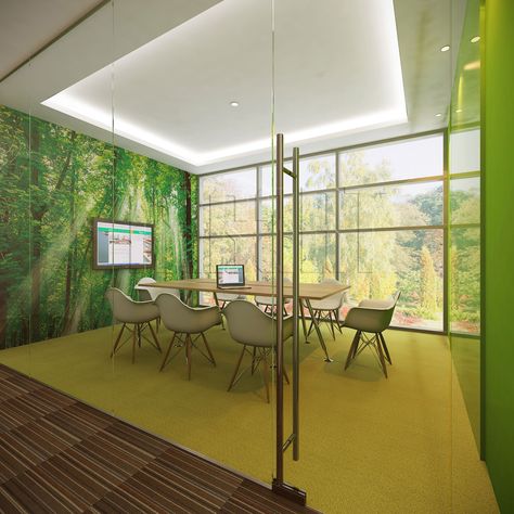 Forest Meeting Room suitable for 8 people. With green colored carpet to represent grass and a wallpaper of trees and green painted walls.   #officeinteriordesign #interiordesign #meetingroom #forest #traartinteriordesign #office #boardroom #conferenceroom Green Meeting Room, Meeting Room Wallpaper, Meeting Room Design Creative, Meeting Room Design Office, Education Design Interior, Conference Room Design, Green Painted Walls, Meeting Room Design, Moss Walls