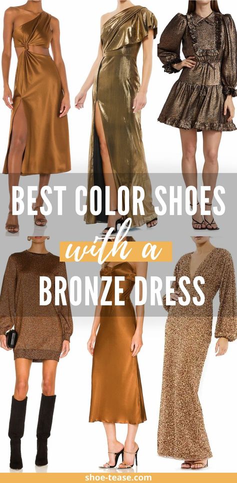 6 women wearing different shoes with bronze dress styles. Copper Color Dress Bronze, Rust Colored Dresses, Shoes For Copper Dress, Copper Dress Accessories, Bronze Color Dress Fall, Rust Color Dress Outfit, Bronze Color Dress, Gold And Black Dress Outfit, Bronze Formal Dress