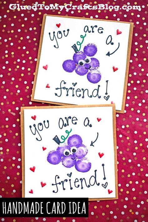 Pom Pom Painted You Are A "Grape" Friend - Card Kid Craft Idea Handmade Valentine Cards For Kids Toddlers, Everyday Friends Art For Toddlers, My Friends Crafts For Toddlers, Pre K Friendship Crafts, Friends Craft Preschool, Friendship Day Cards For Kids, Friendship Arts And Crafts Preschool, Friendship Arts And Crafts, Friends Arts And Crafts