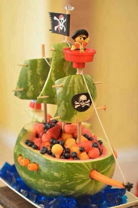 Watermelon Pirate Ship Watermelon Boat, Creative Salads, Pirate Fairy, Watermelon Carving, Pirate Birthday Party, Kids Party Food, Pirate Birthday, Fairy Parties, Pirate Theme