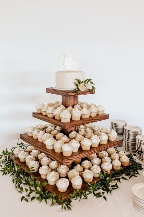 Wedding Cake And Cupcake Display Tiered Stand, Cupcake Tower Wedding Elegant, Simple Wedding Cake And Cupcakes, Cupcake Dessert Table Wedding, Cake With Cupcakes Wedding, Desert Table Decoration Ideas Wedding, Cupcake Table Wedding, Food Ideas For Wedding Reception, Cupcake Display Ideas Wedding