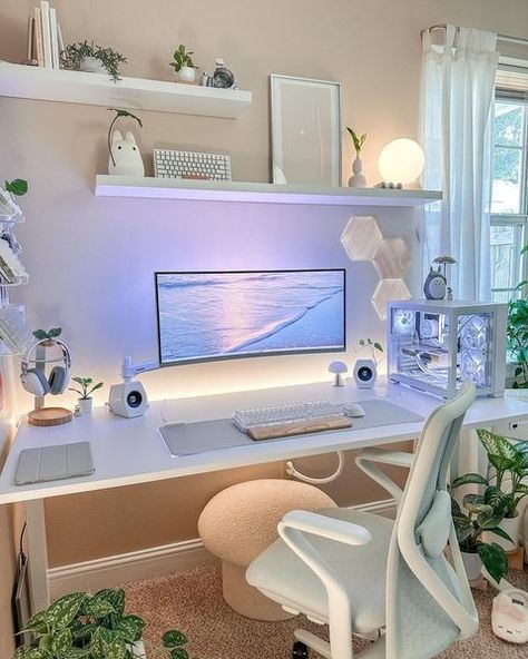 All posts • Instagram White Desk Setup, Minimalist Home Office, Desktop Setup, Girl Bedroom Designs, Gaming Room Setup, Cute Bedroom Decor, Cozy Room Decor, Minimalist Room, Desk Office