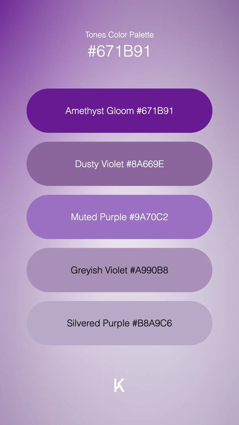 Tones Color Palette Amethyst Gloom #671B91 · Dusty Violet #8A669E · Muted Purple #9A70C2 · Greyish Violet #A990B8 · Silvered Purple #B8A9C6 Silver Color Palette, Muted Purple, Hex Color Palette, Hex Colors, Unique Colors, Color Palettes, Deep Blue, My Little Pony, Silver Color