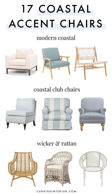 17 Coastal Accent Chairs Coastal Armchair, Purple Accent Chair, Coastal Accent Chairs, Curated Interior, Best Accent Chairs, Coastal Chairs, Farmhouse Accent Chair, Beige Accent Chair, Tolix Chair