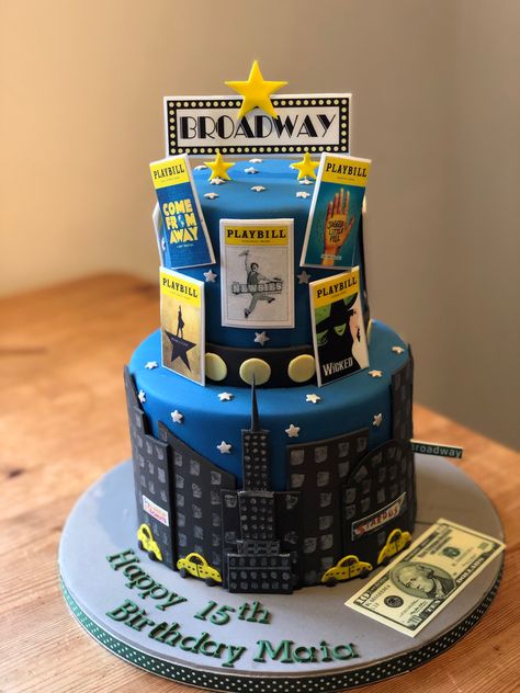 Musical Theater Cake Ideas, Theater Birthday Cake, Nyc Birthday Cake, Broadway Birthday Cake, Broadway Themed Cake, Broadway Musical Birthday Party Ideas, Theatre Birthday Cake, Broadway Themed Birthday Party, Musicals Party