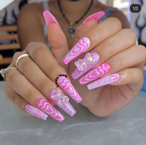 Cute photo of pink nails with power puff girl hearts and teddy charms Nail Inspo Kawaii, Pink Nail Inspo, Power Puff Girl, Power Puff, Work Nails, Puff Girl, Kawaii Nails, Pink Nail, Girls Nails