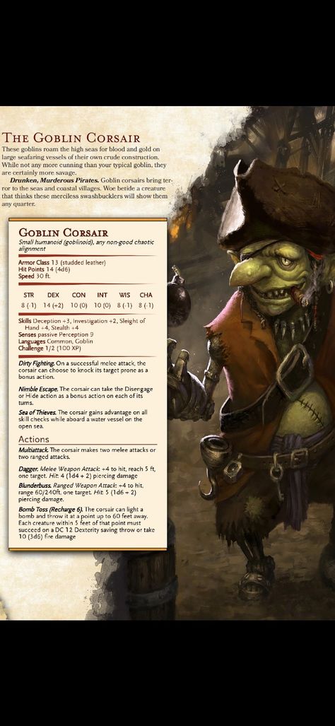 Goblin Pirate Dnd, Goblin Dnd 5e, D&d Goblin, Dnd Goblin, 5e Monsters, Homebrew Monsters, Dnd Creatures, Dnd Monster, Dnd Stats