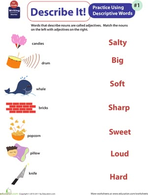 Want to teach your first grader all about adjectives? These words that describe nouns are great for adding rich details to sentences and stories. Description Prompts, Kindergarten Grammar Worksheets, Nouns And Verbs Worksheets, Kindergarten Grammar, Words Worksheet, English Adjectives, Adjective Worksheet, Describing Words, English Worksheet