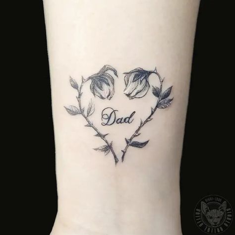 Small Dad Memorial Flower Cursive Font Lettering Tattoo Idea & Design on Arm Dad Memorial Tattoo Done At Birthday Memorial Tattoo, Tattoo In Memory Of Grandfather, Tribute Tattoos In Memory Of Dad, Memorial Tattoo Designs For Women, Memorial Tattoos Dad, Dad Memorial Tattoo, Tattoos For Dad Memorial, Memorial Tattoo Designs, Tribute Tattoos