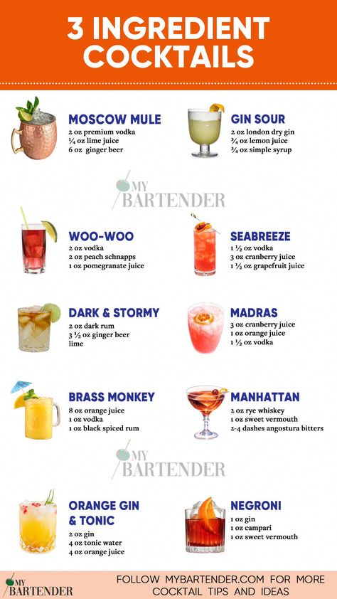 If you’re looking for simple yet delicious drinks to enjoy at home or impress your guests with minimal effort, then 3-ingredient cocktails might just be your new go-to. As the name suggests, these cocktails are made using only three ingredients, making them easy to whip up without the need for a fully stocked bar. #3IngredientCocktails #Cocktails #MorningBrewRituals Fun Simple Cocktails, Few Ingredient Cocktails, 3 Ingredients Cocktails, Mixed Drinks Recipes Easy, Easy Homemade Cocktails, Easy Bar Drinks To Order, 2 Ingredient Drinks Alcohol, Best Alcoholic Drinks For Parties, Simple Cocktail Recipes Vodka