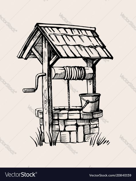 Wishing Well Drawing, Rustic Drawings, Well Sketch, Free Hand Sketch, Well Drawing, Landscape Pencil Drawings, Well Images, Nature Art Drawings, Pen Art Drawings