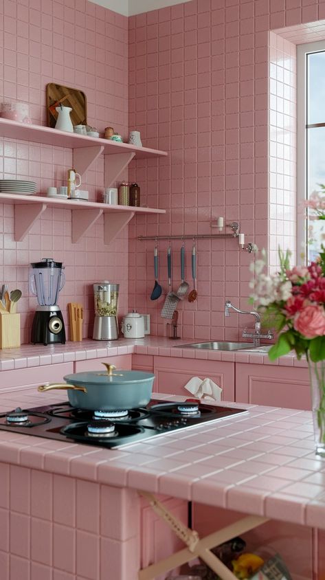 Embrace the feminine flair of this pink kitchen! From its eye-catching tiles to the sophisticated utensils, every detail exudes charm. With a picturesque view that inspires, this space is ideal for whipping up delicious meals in style!  #kitchendesign #kitchendecor #kitcheninspo #homedecor #homedesign Pink Tiles Kitchen, Starry Room, Kitchen 2025, Tiles Kitchen, Pink Tiles, Pink Home Decor, Pink Kitchen, Delicious Meals, Kitchen Tiles