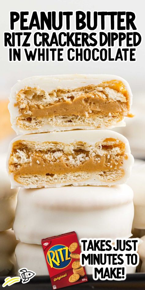 You will love the delicious combo of sweet and salty with these peanut butter Ritz crackers dipped in white chocolate. Peanut Butter Ritz Crackers, Ritz Cracker Toffee, Peanut Butter White Chocolate, Peanut Butter Crackers, Ritz Cracker Recipes, Cracker Dip, Peanut Butter Dip, Melted White Chocolate, White Chocolate Recipes