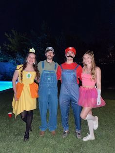 Group Of 4 Couple Costumes, Mario Party Costumes Group Halloween, 4 Couple Halloween Costumes, Stunt Group Themes Costumes, Mario And Friends Costumes, Halloween Costumes 4 Friends Funny, Friend Group Of 5 Halloween Costumes, Mario Trio Costume, 4 People Couple Halloween Costumes