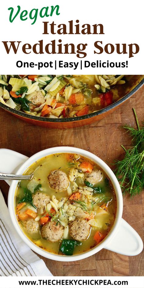 his Vegan Italian Wedding Soup is jam-packed with vegetables, vegan baked meatballs, and pasta. It’s a comforting, foolproof, and easy meal that comes together in one pot! Italian Wedding Soup Vegan, Vegan Italian Soup Recipes, Vegetarian Wedding Soup, Vegan Wedding Soup, Italian Wedding Soup Vegetarian, Vegetarian Italian Wedding Soup, Vegan Italian Soup, Vegan Meatball Soup, Vegetarian Recipes Italian