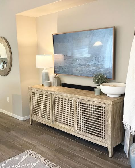 Tv Console With Lamps, Lamp On Media Console, Living Room Tv Media Console, Boho Living Room Media Console, Lamps On Tv Console, Beach House Tv Console, Coastal Living Room Tv Stand, Lamp On Tv Console, Lamp On Tv Stand