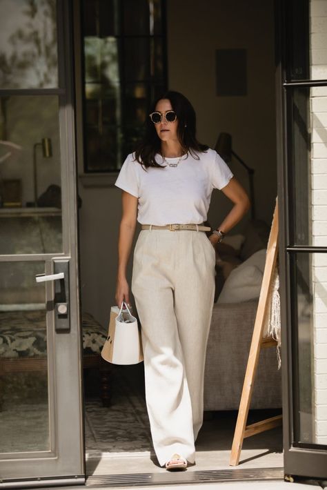 Reformation Review: My Favorite Products Reformation Mason Pant Outfit, Reformation Mason Pant, Light Beige Trousers Outfit, White Trousers Outfit Classy, Shoes With Wide Leg Pants, Beige Linen Pants Outfit, White Wide Leg Pants Outfit, Beige Trousers Outfit, Quiet Luxury Outfits